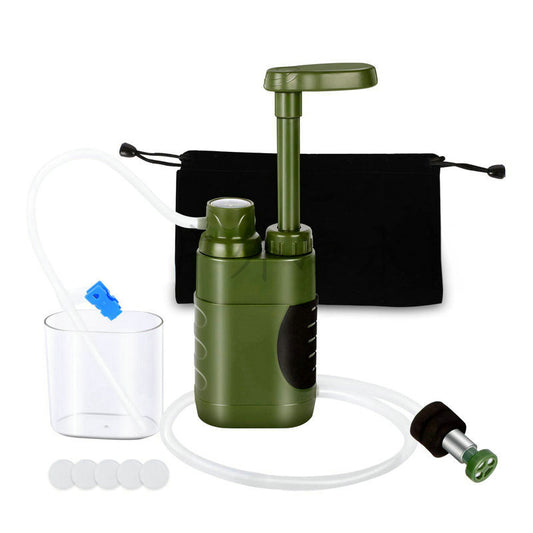 A portable outdoor water filter pump with a 0.01-micron, 3-stage filtration system, suitable for hiking and camping. - Smart Savvy