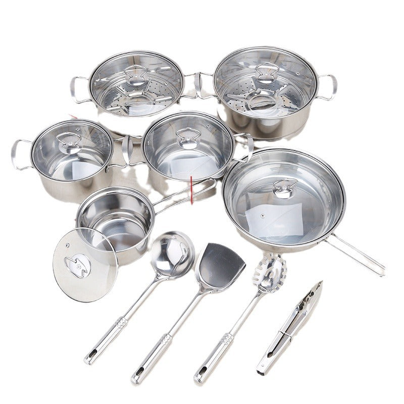Stainless steel cookware set of 18 pieces household kitchen set soup pot set 16-26cm cutlery set pot set - Smart Savvy