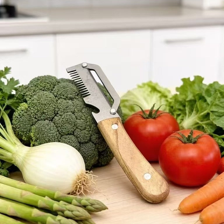 Kitchen Multi-functional Onion and Vegetable Slicer with Wooden Handle, Bottle Opener, Fruit Cutter, Peeler – 2-in-1 Household Knife Tool eprolo