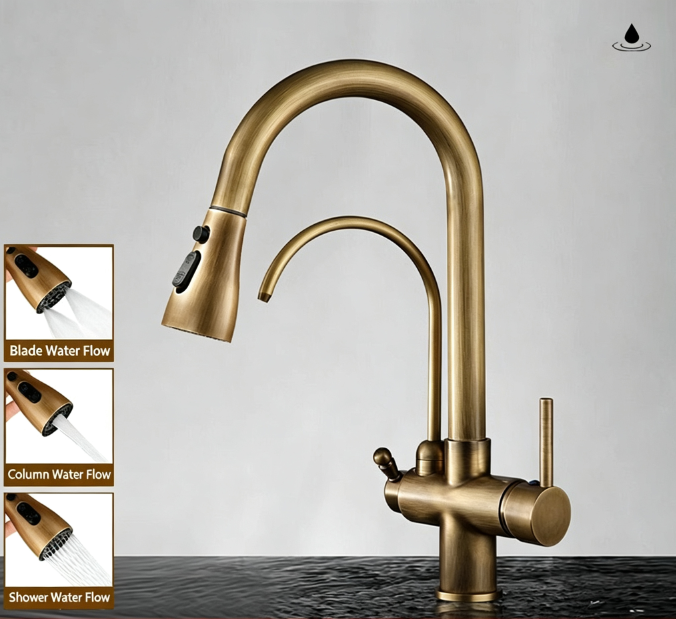 Antique brass three in one pure water direct drinking faucet, kitchen sink, pull-out faucet, hot and cold eprolo
