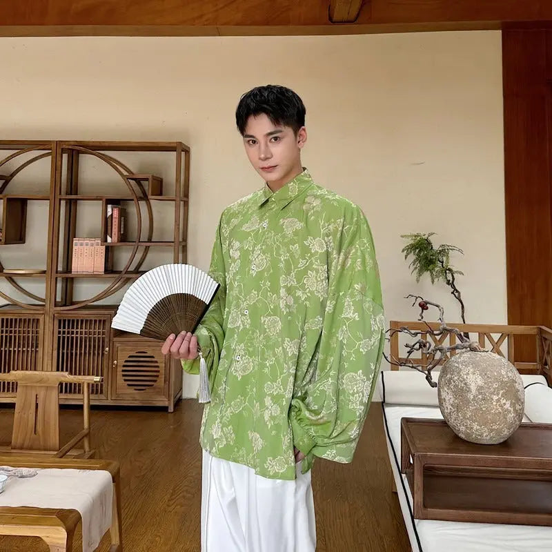 Light brocade jacquard lantern sleeve shirt for men new Tang and Hanfu shirt jacket and top - Smart Savvy