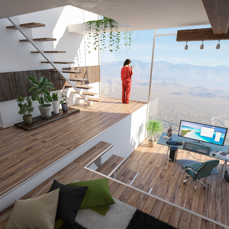 Home office collection featuring USB-C docking station, smart WiFi plug, cable management box, and power bank on a wooden desk