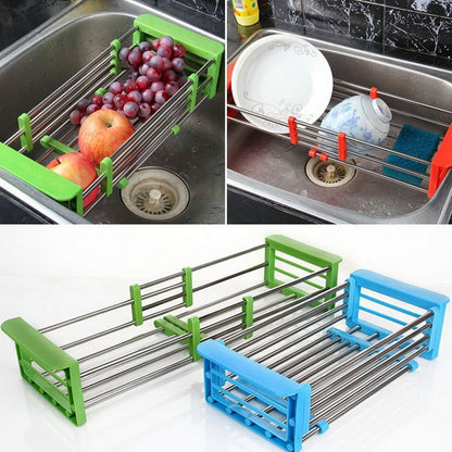 Stainless Steel Adjustable Telescopic Kitchen Over Sink Dish Drying Rack Insert Storage Organizer Fruit Vegetable Tray Drainer eprolo