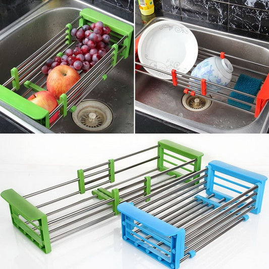 Stainless Steel Adjustable Telescopic Kitchen Over Sink Dish Drying Rack Insert Storage Organizer Fruit Vegetable Tray Drainer eprolo