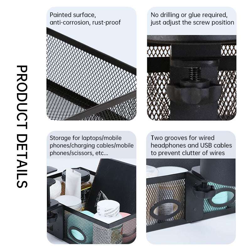 Mesh Desk Organizer with Clamp-on Swivel Pencil Drawer, having a hidden, sturdy C-Clamp mount system and easy installation. - Smart Savvy