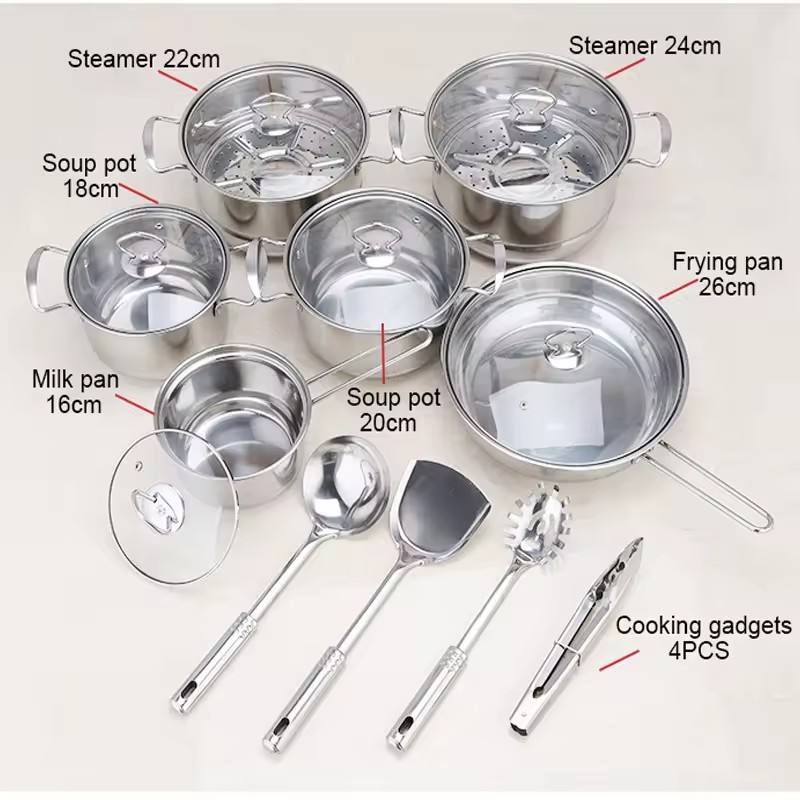 Stainless steel cookware set of 18 pieces household kitchen set soup pot set 16-26cm cutlery set pot set - Smart Savvy