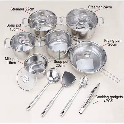 Stainless steel cookware set of 18 pieces household kitchen set soup pot set 16-26cm cutlery set pot set - Smart Savvy