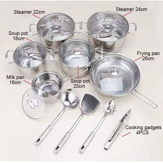 Stainless steel cookware set of 18 pieces household kitchen set soup pot set 16-26cm cutlery set pot set - Smart Savvy