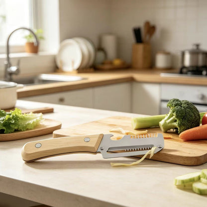 Kitchen Multi-functional Onion and Vegetable Slicer with Wooden Handle, Bottle Opener, Fruit Cutter, Peeler &ndash; 2-in-1 Household Knife Tool eprolo