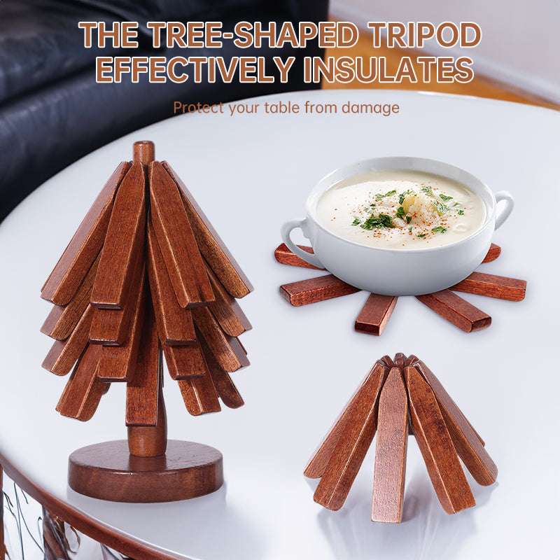 A set of tree - shaped wooden items including 4 trivets for hot dishes, pots, and pans, along with 1 stand. - Smart Savvy