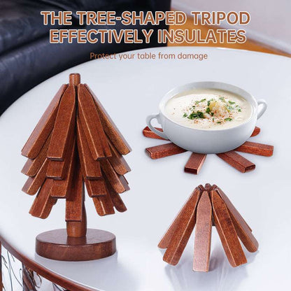 A set of tree - shaped wooden items including 4 trivets for hot dishes, pots, and pans, along with 1 stand. - Smart Savvy