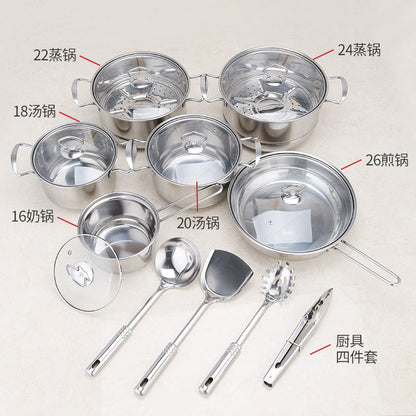 Stainless steel cookware set of 18 pieces household kitchen set soup pot set 16-26cm cutlery set pot set - Smart Savvy