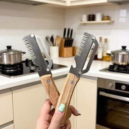 Kitchen Multi-functional Onion and Vegetable Slicer with Wooden Handle, Bottle Opener, Fruit Cutter, Peeler &ndash; 2-in-1 Household Knife Tool eprolo