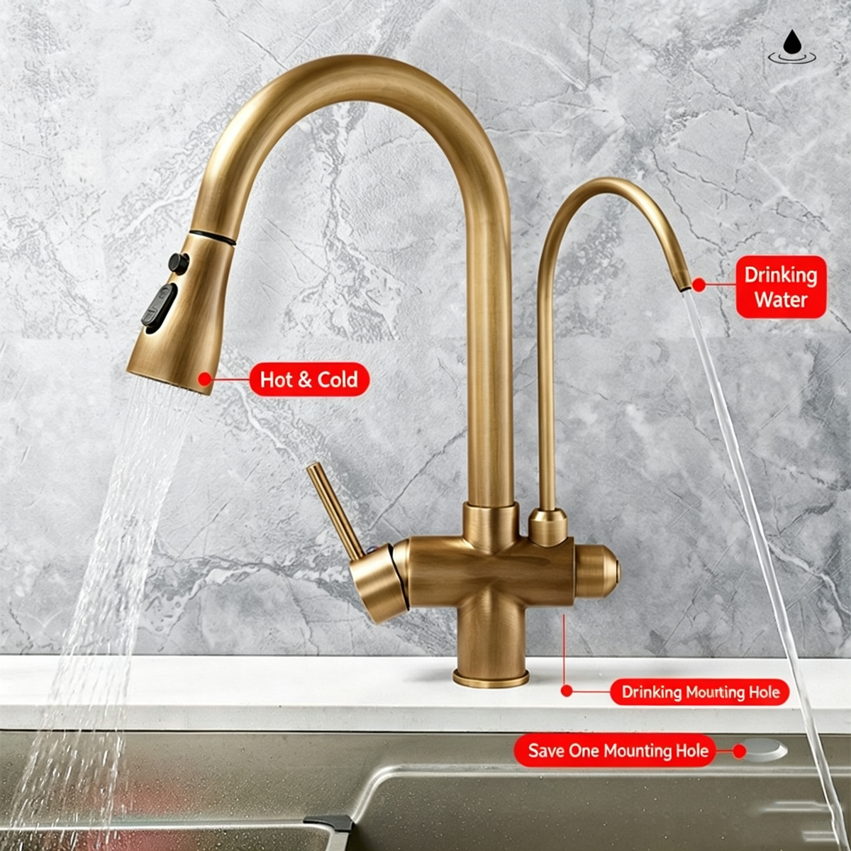 Antique brass three in one pure water direct drinking faucet, kitchen sink, pull-out faucet, hot and cold eprolo