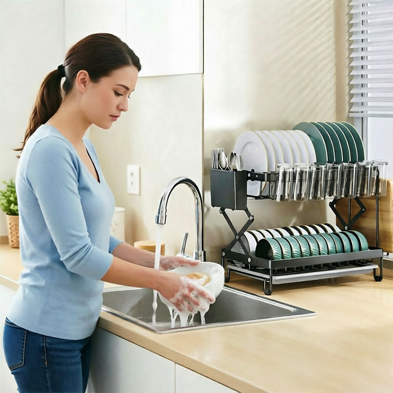 Foldable 2-Layer Kitchen Dish Rack, Large Capacity Countertop Drying Shelf for Bowls & Cutlery eprolo