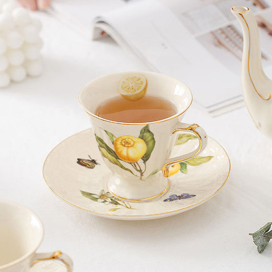 European - style Elegant Lemon Espresso Cups Set: Includes Tea Cups, Saucers, Ceramic Mugs, and a Dessert Plate - Smart Savvy