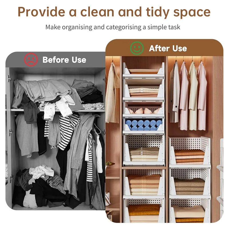 4 Pack Plastic Closet Organizer Bins, Stackable Foldable Storage Baskets with Slide-Out Rails for Clothes, Toys, T-Shirts eprolo