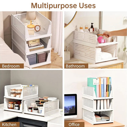 4 Pack Plastic Closet Organizer Bins, Stackable Foldable Storage Baskets with Slide-Out Rails for Clothes, Toys, T-Shirts eprolo