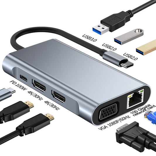 Cross border 8-in-1 docking station network card MST multi screen display suitable for Apple Huawei computer type-c docking station eprolo