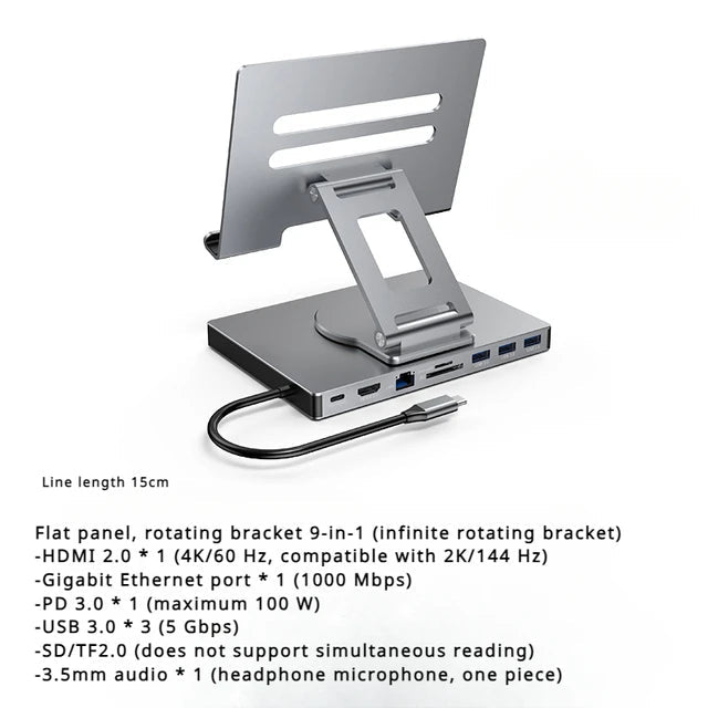 4K/60Hz Gigabit Ethernet Port USB 3.0 Splitter Hub Converter Flat Panel Rotary Stand Type-c Docking Station eprolo