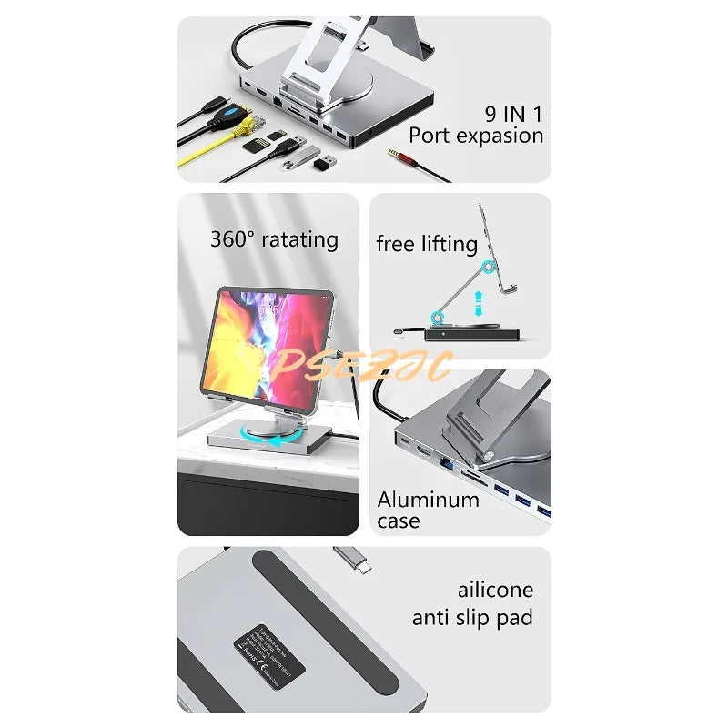 4K/60Hz Gigabit Ethernet Port USB 3.0 Splitter Hub Converter Flat Panel Rotary Stand Type-c Docking Station eprolo