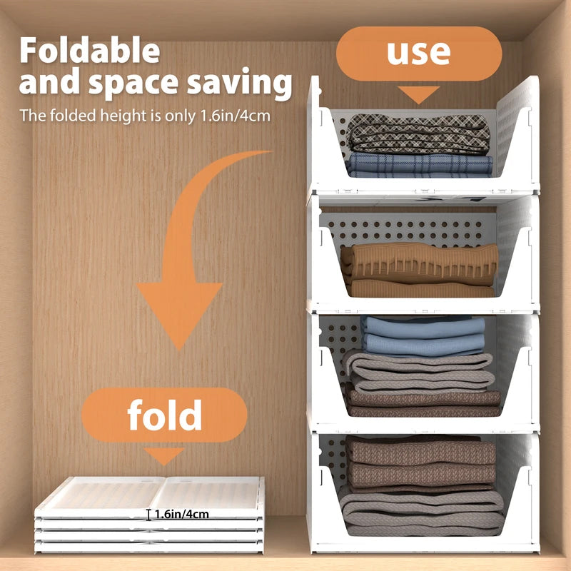 4 Pack Plastic Closet Organizer Bins, Stackable Foldable Storage Baskets with Slide-Out Rails for Clothes, Toys, T-Shirts eprolo