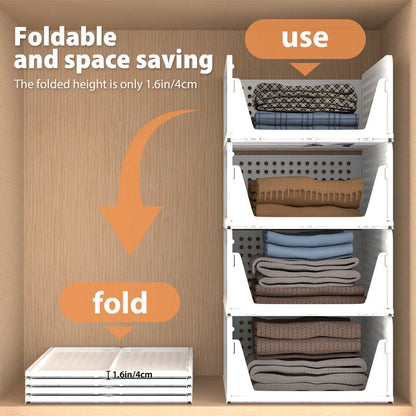 4 Pack Plastic Closet Organizer Bins, Stackable Foldable Storage Baskets with Slide-Out Rails for Clothes, Toys, T-Shirts eprolo