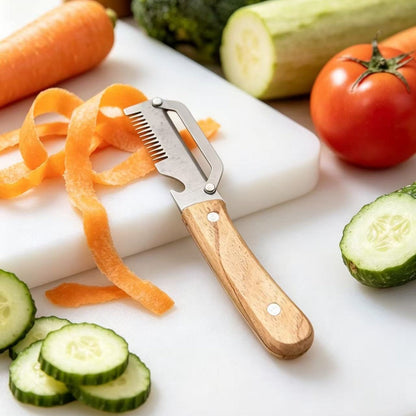 Kitchen Multi-functional Onion and Vegetable Slicer with Wooden Handle, Bottle Opener, Fruit Cutter, Peeler &ndash; 2-in-1 Household Knife Tool eprolo