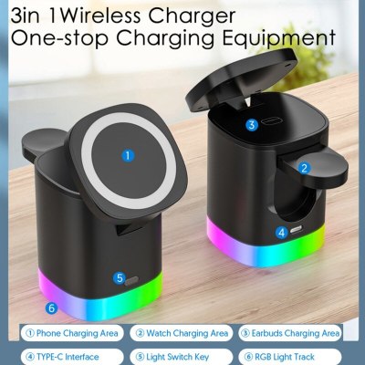 3 In 1 Magnetic Wireless Fast Charger For Smart Phone RGB Ambient Light Charging Station For Airpods IWatch eprolo