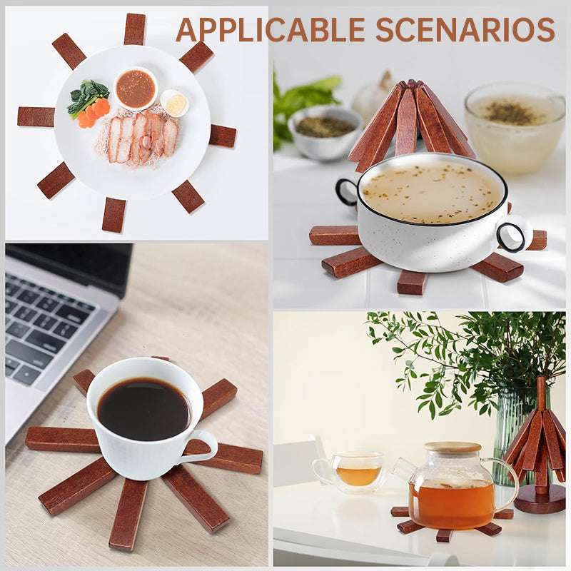 A set of tree - shaped wooden items including 4 trivets for hot dishes, pots, and pans, along with 1 stand. - Smart Savvy