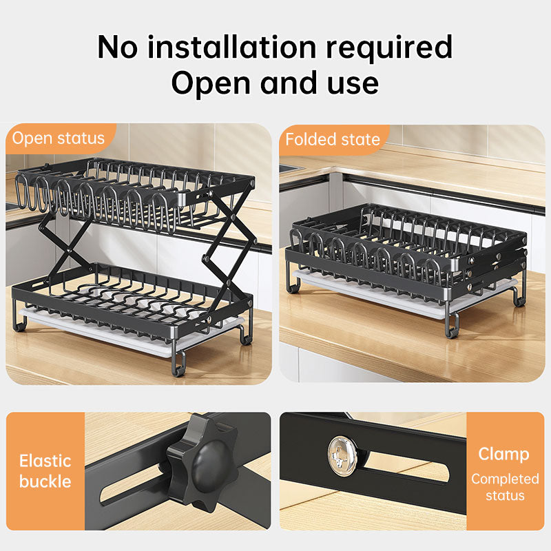 Foldable 2-Layer Kitchen Dish Rack, Large Capacity Countertop Drying Shelf for Bowls & Cutlery eprolo
