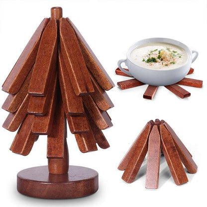 A set of tree - shaped wooden items including 4 trivets for hot dishes, pots, and pans, along with 1 stand. - Smart Savvy