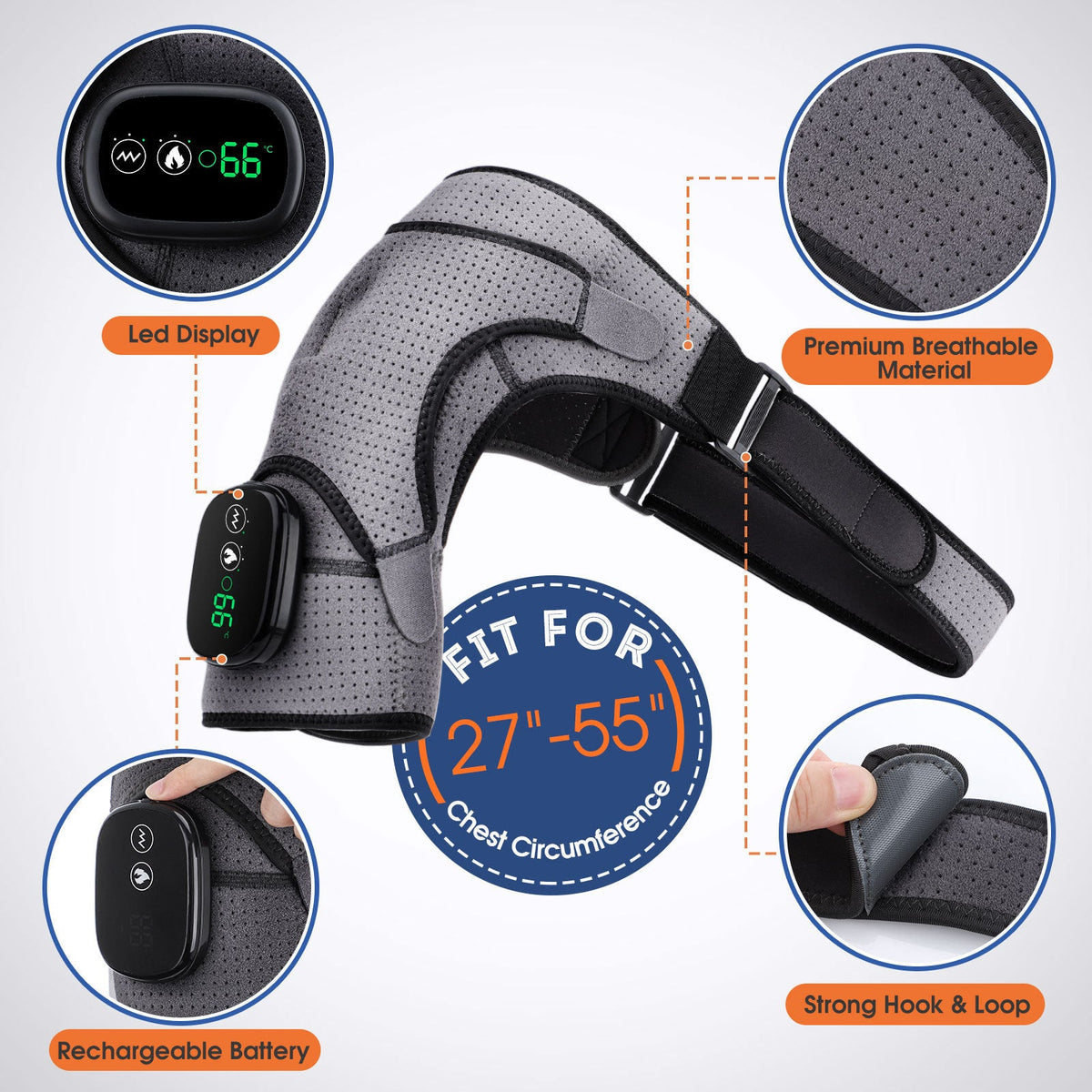 Massage Shoulder Support with Touchscreen Controller, Rechargeable Vibrating Heat Therapy Shoulder Massager Belt eprolo