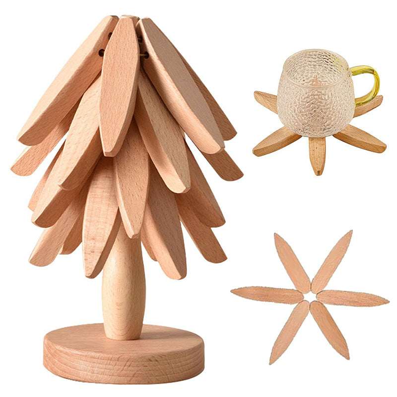 A set of tree - shaped wooden items including 4 trivets for hot dishes, pots, and pans, along with 1 stand. - Smart Savvy