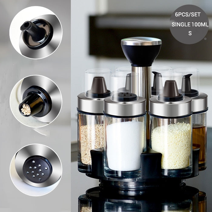 Rotating Cruet Condiment Seasoning Jars Set for Spices Pepper Sprays Bottles Salt Shakers Holder Kitchen Storage Rack Organizer eprolo