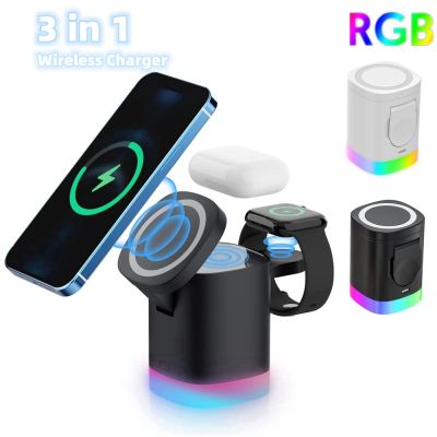 3 In 1 Magnetic Wireless Fast Charger For Smart Phone RGB Ambient Light Charging Station For Airpods IWatch eprolo