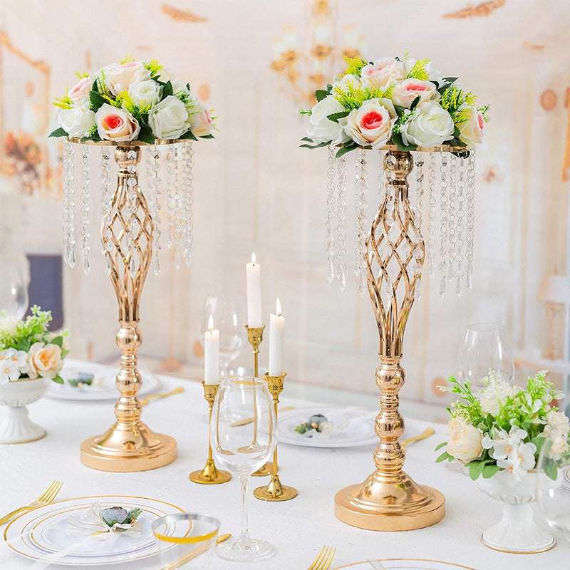 Wrought Iron Metal Flower Stand with Crystal Acrylic Beads Hanging Flower Arrangement, Gold-Plated Decoration for Wedding Tables - Smart Savvy