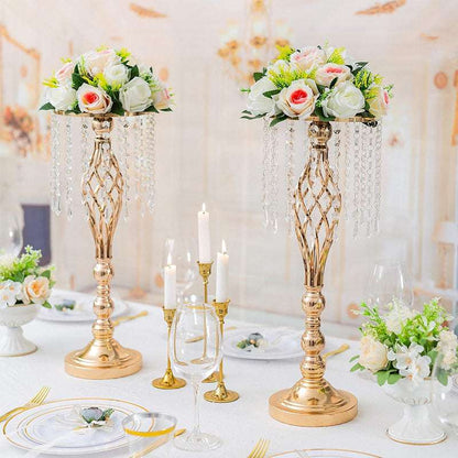Wrought Iron Metal Flower Stand with Crystal Acrylic Beads Hanging Flower Arrangement, Gold-Plated Decoration for Wedding Tables - Smart Savvy