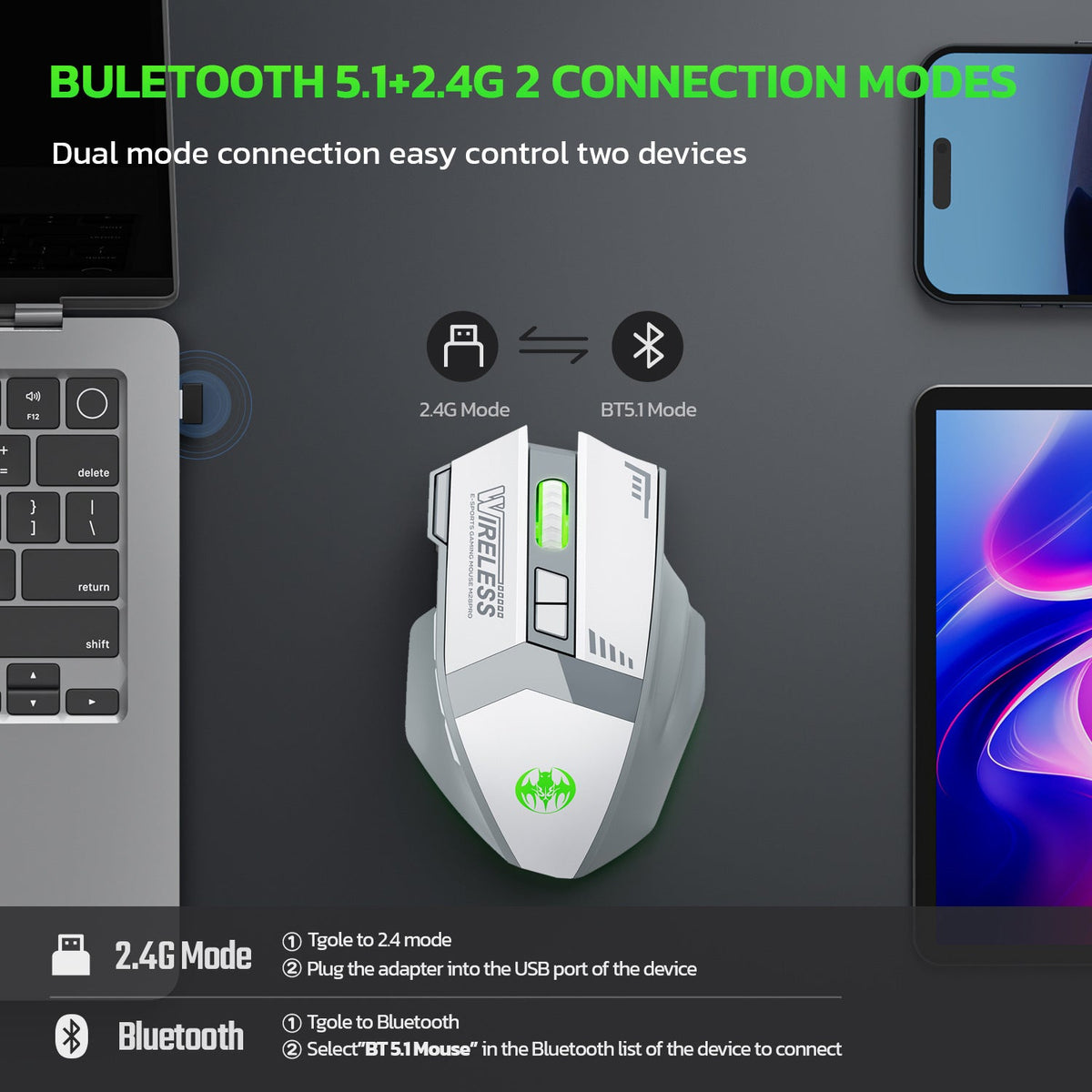 Wireless charging Bluetooth dual-mode 10 key mute gaming mouse 4800DPI mouse RGB color light eprolo