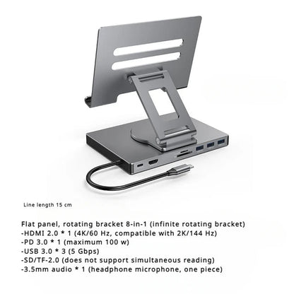 4K/60Hz Gigabit Ethernet Port USB 3.0 Splitter Hub Converter Flat Panel Rotary Stand Type-c Docking Station eprolo