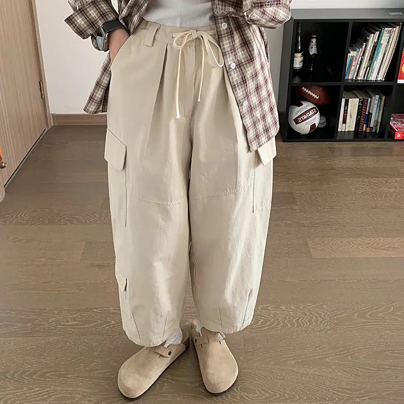 Dark gray Japanese loose wide leg workwear pants for men retro ankle tied casual pants with large pockets - Smart Savvy