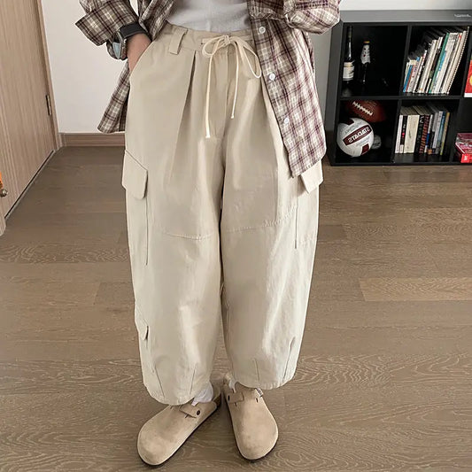 Dark gray Japanese loose wide leg workwear pants for men retro ankle tied casual pants with large pockets - Smart Savvy