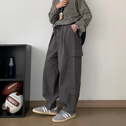 Dark gray Japanese loose wide leg workwear pants for men retro ankle tied casual pants with large pockets - Smart Savvy