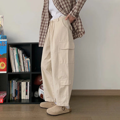 Dark gray Japanese loose wide leg workwear pants for men retro ankle tied casual pants with large pockets - Smart Savvy