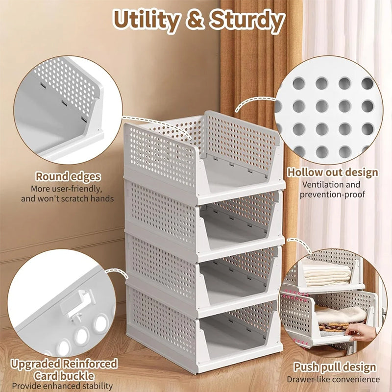 4 Pack Plastic Closet Organizer Bins, Stackable Foldable Storage Baskets with Slide-Out Rails for Clothes, Toys, T-Shirts eprolo
