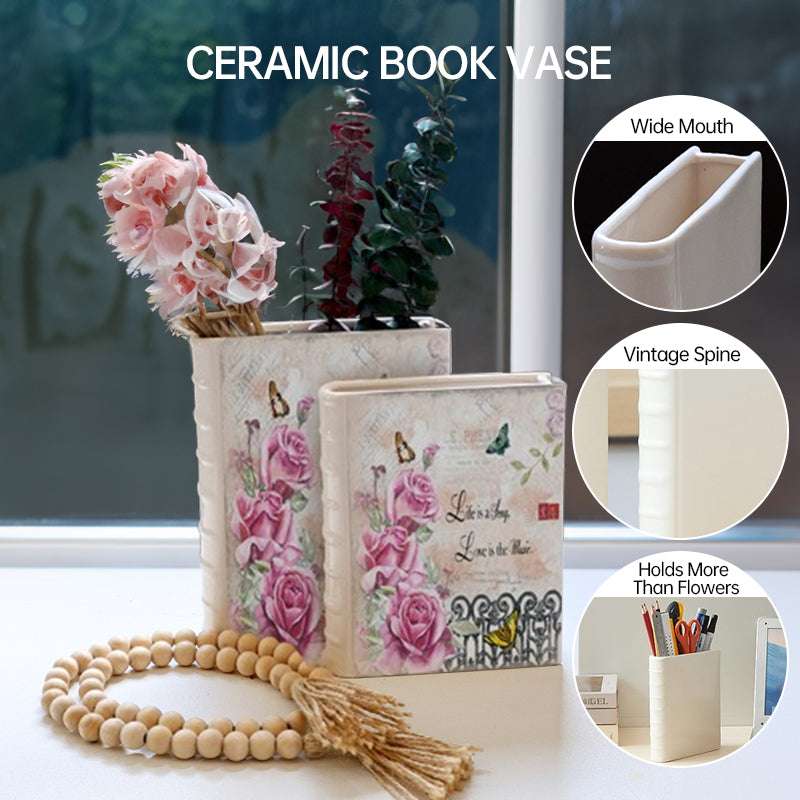 Book Vase - Ceramic, Cute & for Home Decor, with Flower & Shelf Options - Smart Savvy