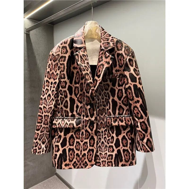 Explosive leopard print fashion genuine leather sheepskin high-end feeling slim fit suit design sense loose and versatile top - Smart Savvy