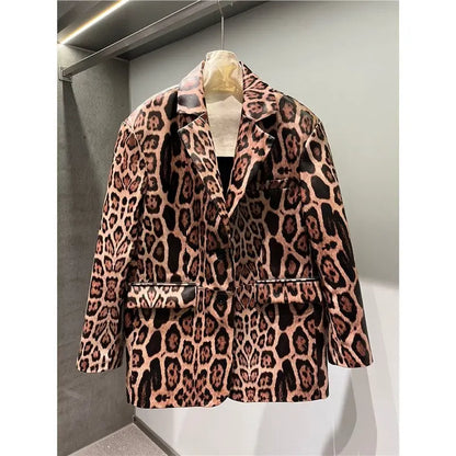 Explosive leopard print fashion genuine leather sheepskin high-end feeling slim fit suit design sense loose and versatile top - Smart Savvy