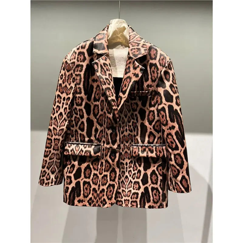 Explosive leopard print fashion genuine leather sheepskin high-end feeling slim fit suit design sense loose and versatile top - Smart Savvy