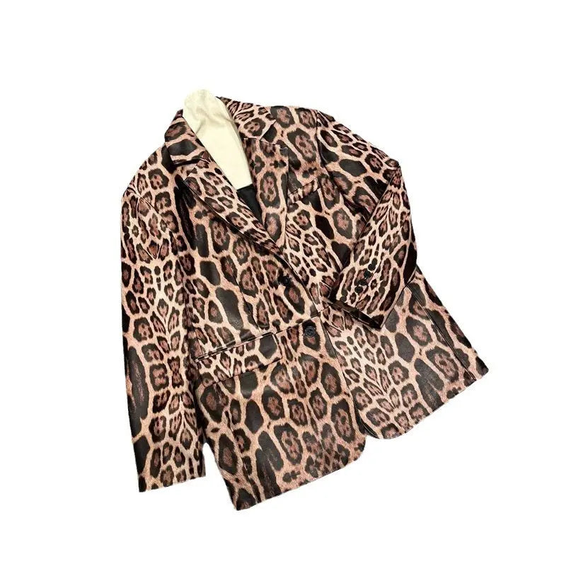 Explosive leopard print fashion genuine leather sheepskin high-end feeling slim fit suit design sense loose and versatile top - Smart Savvy